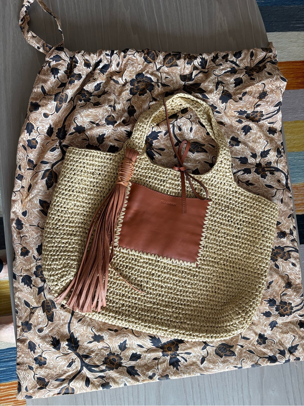 Ulla Johnson Raffia Tote Bag with Leather Pocket and Tassel - Tan/Beige